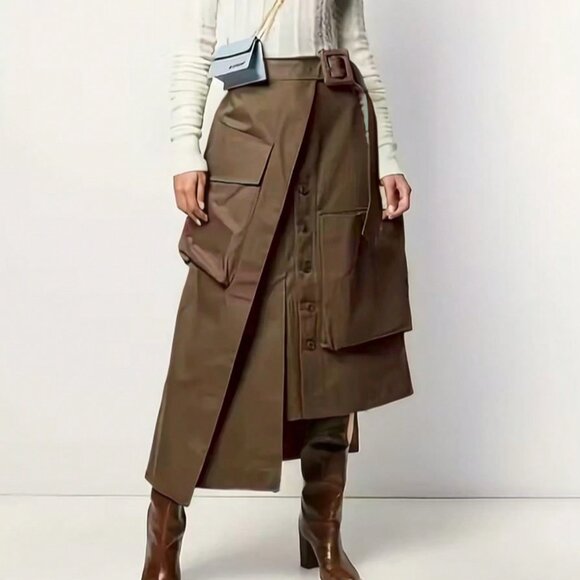 Coffee Brown Casual Women's Cargo Asymmetric Skirt - Picture 3 of 8